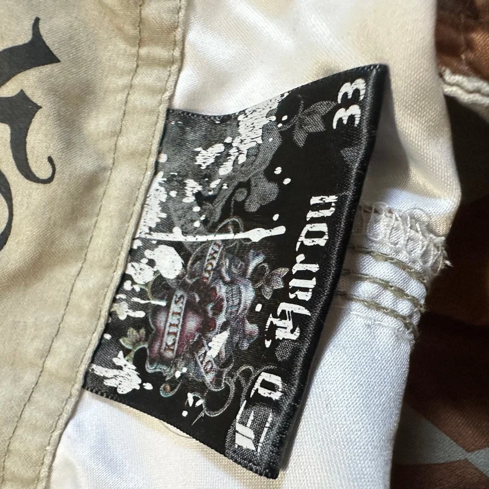 Ed Hardy Mens Tattoo Skull Harlequin Board Shorts Tan Brown Size 33 Swim Trunks